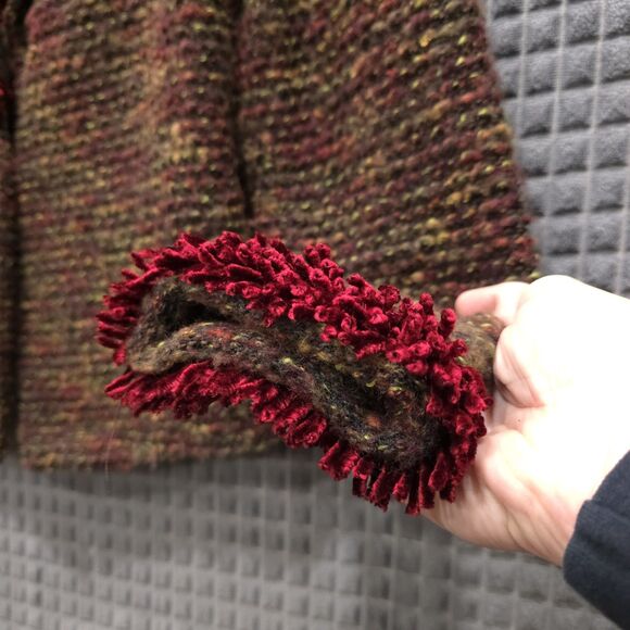 VTG Red Fringe Cardigan Sweater SzM Holiday Thin Knit Wool Shoulder Pads 80s 90s - Picture 7 of 16